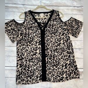 CHICOS Cold Shoulder Leopard Print Short Sleeve Blouse Size 1
